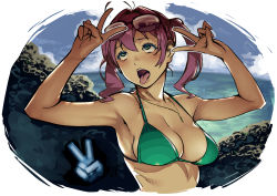 Rule 34 | 1girl, ahegao, beach, bikini, blush, breasts, cleavage, day, double v, eyewear on head, green eyes, implied sex, open mouth, original, pink hair, rolling eyes, short hair, solo, swimsuit, tongue, tongue out, twinpoo, twintails, upper body, v, when you see it