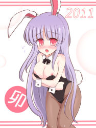 Rule 34 | 10s, 1girl, 2011, animal ears, bare shoulders, blush, breast hold, breasts, embarrassed, female focus, leotard, long hair, nipple slip, nipples, pantyhose, playboy bunny, purple hair, rabbit ears, rabbit girl, rabbit tail, red eyes, reisen udongein inaba, ry (yagoyago), solo, tail, touhou, very long hair, white background