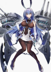Rule 34 | 1girl, absurdres, an yinyi, azur lane, bare shoulders, black footwear, black pantyhose, blue eyes, blue hair, blush, bodystocking, breasts, chinese commentary, closed mouth, clothing cutout, commentary request, covered collarbone, covered navel, dress, elbow gloves, full body, gloves, hair between eyes, hair intakes, hand on own hip, headgear, high heels, highres, knees together feet apart, large breasts, long hair, looking at viewer, new jersey (azur lane), pantyhose, rigging, side cutout, sidelocks, simple background, smile, solo, thighband pantyhose, turret, very long hair, white background, white dress, white gloves, wrist guards