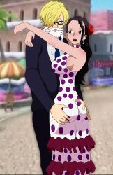 Rule 34 | 1boy, 1girl, absurdres, ass, ass grab, breasts, cleavage, dress, earrings, highres, jewelry, large breasts, one piece, polka dot, polka dot dress, sanji (one piece), standing, viola (one piece)