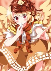 Rule 34 | 1girl, animal, animal on head, bird, bird on head, bird tail, bird wings, blonde hair, blush, chick, commentary request, dress, feathered wings, highres, multicolored hair, niwatari kutaka, on head, orange dress, red eyes, red hair, ruu (tksymkw), shirt, short hair, short sleeves, solo, tail, touhou, two-tone hair, whistle, whistle around neck, whistling, white shirt, wings, yellow wings