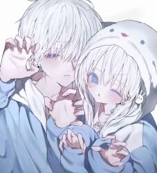 Rule 34 | 1boy, 1girl, aochan 1325, blue eyes, blue jacket, blush, character hood, child, cinnamoroll, claw pose, close-up, commentary, commentary request, couple, earrings, english commentary, hair ornament, hands up, hetero, highres, hood, jacket, jewelry, looking at viewer, medium hair, one eye closed, open mouth, original, parted lips, rabbit hair ornament, simple background, sketch, stud earrings, white background, white hair