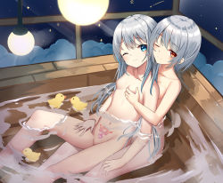 Rule 34 | 2girls, bath, blue eyes, blush, incest, long hair, looking at viewer, multiple girls, nude, original, red eyes, rubber duck, short hair, siblings, sisters, smile, take your pick, tattoo, twincest, twins, water, yuri
