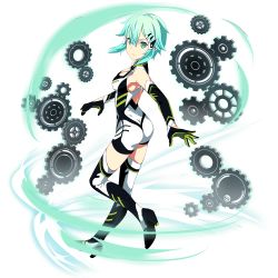 Rule 34 | 1girl, aqua eyes, aqua hair, ass, bare shoulders, biker clothes, bikesuit, bodysuit, boots, breasts, elbow gloves, frown, gears, gloves, hair ornament, hairclip, highres, looking at viewer, medium breasts, short hair, sinon, skin tight, solo, sword art online, thigh boots, thighhighs, transparent background