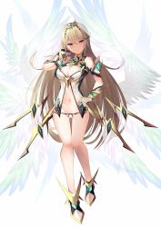 Rule 34 | 1girl, blonde hair, breasts, cleavage, cleavage cutout, clothing cutout, daive, earrings, highres, jewelry, large breasts, long hair, mythra (xenoblade), prototype design, solo, stomach, stomach cutout, swept bangs, tiara, very long hair, wings, xenoblade chronicles (series), xenoblade chronicles 2, yellow eyes