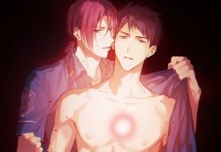 Rule 34 | 2boys, alternate costume, artist request, assisted exposure, bare pectorals, black hair, blouse, blue eyes, collarbone, couple, free!, glowing, hair between eyes, male focus, matsuoka rin, multiple boys, nipples, okii (oh ki ik), open clothes, open shirt, pectorals, police, police uniform, red eyes, red hair, shirt, short hair, toned, toned male, undressing another, uniform, upper body, yamazaki sousuke