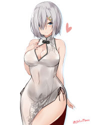 Rule 34 | 1girl, absurdres, blue eyes, blush, breasts, china dress, chinese clothes, closed mouth, covered navel, dress, hair ornament, hairclip, hamakaze (kancolle), highres, kantai collection, large breasts, looking at viewer, looking up, one-hour drawing challenge, saku (kudrove), short hair, silver hair, simple background, smile, solo, twitter username, white background