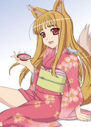 Rule 34 | 00s, alcohol, animal ears, brown hair, cup, fang, holo, japanese clothes, kimono, mouse (animal), okiyumi kase, red eyes, sakazuki, sake, solo, spice and wolf, tail, wolf ears, wolf tail