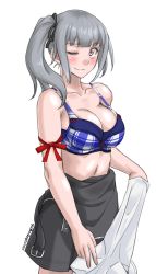 Rule 34 | ;), absurdres, aged up, alternate breast size, bare shoulders, black ribbon, blue bra, blush, bra, breasts, brown eyes, cleavage, dated, dress, grey hair, hair ribbon, highres, kantai collection, kasumi (kancolle), large breasts, long hair, one eye closed, pinafore dress, ribbon, shirt, side ponytail, sleeveless dress, smile, solo, sozan, twitter username, underwear, white shirt