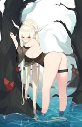 Rule 34 | 1girl, absurdly long hair, arknights, ass, bare tree, bent over, black one-piece swimsuit, blonde hair, blush, breasts, covered erect nipples, crystal, hair between eyes, horns, large breasts, long hair, official alternate costume, one-piece swimsuit, pepper0, platinum blonde hair, ponytail, red eyes, see-through, shining (arknights), shining (silent night) (arknights), solo, swimsuit, thigh strap, tree, very long hair, wading