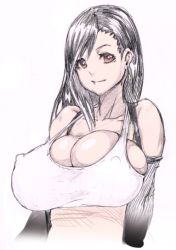 Rule 34 | 1990s (style), 1girl, amamiya (abaros), bare shoulders, black hair, breasts, bursting breasts, cleavage, covered erect nipples, covering nipples, covering privates, earrings, final fantasy, final fantasy vii, huge breasts, jewelry, long hair, looking at viewer, nipples, no bra, pink background, red eyes, retro artstyle, simple background, skindentation, smile, solo, square enix, strap gap, tifa lockhart