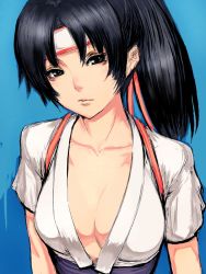 Rule 34 | 1girl, black hair, breasts, cleavage, fumio (rsqkr), headband, long hair, looking at viewer, ponytail, ryuuko no ken, snk, solo, the king of fighters, todoh kasumi, toudou kasumi, upper body