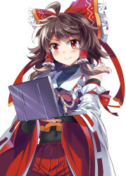 Rule 34 | 1girl, adapted costume, ahoge, bare shoulders, blush, bow, brown eyes, brown hair, collarbone, commentary request, computer, covered navel, crop top, detached sleeves, e.o., gohei, hair bow, hair tubes, hakurei reimu, highres, laptop, large bow, looking at viewer, nontraditional miko, pleated skirt, ponytail, red skirt, shirt, sidelocks, skirt, sleeveless, sleeveless shirt, smile, solo, touhou, wide sleeves