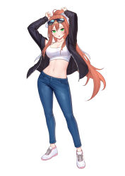 Rule 34 | 1girl, alternate costume, black jacket, blouse, blue legwear, bow, breasts, brown hair, camisole, casual, cleavage, collarbone, commentary, commission, crop top, denim, doki doki literature club, english commentary, eyewear on head, full body, green eyes, hair between eyes, hair bow, highres, jacket, jeans, long hair, medium breasts, monika (doki doki literature club), navel, open clothes, open jacket, open mouth, orange hair, pants, ponytail, shirt, shoes, simple background, siun, sleeveless, sleeveless shirt, sneakers, solo, sunglasses, unzipped, very long hair, white background, white bow, white footwear, white shirt, zipper