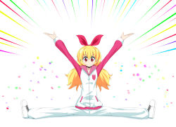 Rule 34 | &gt;:), 10s, 1girl, aikatsu!, aikatsu! (series), arms up, blonde hair, blush, closed mouth, emphasis lines, full body, hair ribbon, hoshimiya ichigo, long hair, long sleeves, looking at viewer, outstretched arms, red eyes, red ribbon, ribbon, rocha (aloha ro cha), shoes, solo, split, track suit, v-shaped eyebrows, white background, white footwear