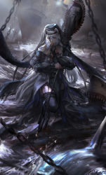 Rule 34 | 1girl, arknights, belt, belt buckle, black belt, black headwear, black thighhighs, blood, blood on clothes, blood on hands, bloody weapon, buckle, chain, circular saw, commentary, cross, cross necklace, dress, full body, green hair, grey dress, habit, hair between eyes, highres, holding, holding jewelry, holding necklace, holding weapon, jewelry, latin cross, long hair, long sleeves, looking down, necklace, red eyes, saw, sharp teeth, ship, shipwreck, signature, solo, specter (arknights), stu dts, teeth, tentacles, thighhighs, very long hair, wading, water, watercraft, waves, weapon