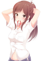 Rule 34 | 1girl, adjusting hair, aibumi, antenna hair, arms behind head, arms up, blue skirt, blush, breasts, brown eyes, brown hair, buttons, closed mouth, cowboy shot, dress shirt, eyebrows, hands in hair, highres, lips, long hair, looking at viewer, medium breasts, midriff peek, mouth hold, navel, original, pen-zin, pocket, ponytail, red ribbon, ribbon, school uniform, shirt, short sleeves, side slit, sidelocks, simple background, skirt, smile, solo, stomach, tareme, tying hair, very long hair, white background