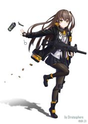 Rule 34 | 1girl, absurdres, artist name, black footwear, black gloves, black jacket, black pantyhose, black ribbon, black skirt, boots, brown eyes, brown hair, closed mouth, commentary, dated, explosive, fingerless gloves, full body, girls&#039; frontline, gloves, grenade, gun, h&amp;k ump, h&amp;k ump, hair between eyes, highres, holding, holding gun, holding weapon, hood, hood down, hooded jacket, jacket, long hair, long sleeves, looking at viewer, name connection, neck ribbon, object namesake, one side up, open clothes, open jacket, pantyhose, pleated skirt, ribbon, scar, scar across eye, scar on face, shadow, shell casing, shirt, skirt, solo, standing, standing on one leg, stratosphere (coom1017), submachine gun, throwing, tiptoes, ump45 (girls&#039; frontline), very long hair, weapon, white background, white shirt