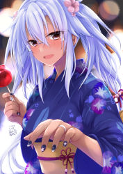 Rule 34 | 1girl, absurdres, blue kimono, blue nails, blurry, blurry background, breasts, dark-skinned female, dark skin, floral print, flower, glasses, graphite (medium), hair between eyes, hair flower, hair ornament, highres, japanese clothes, jewelry, kantai collection, kimono, large breasts, long hair, looking at viewer, mashiro yukiya, millipen (medium), musashi (kancolle), musashi kai ni (kancolle), nail polish, night, ring, sidelocks, silver hair, solo, traditional media, twintails, wedding band