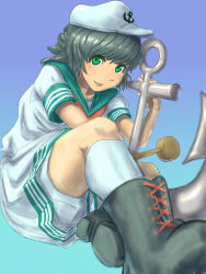 Rule 34 | 1girl, anchor, anchor symbol, bare arms, black footwear, black hair, boots, closed mouth, cross-laced footwear, foreshortening, full body, gradient background, green eyes, hand up, hat, highres, knee up, lace-up boots, leaning forward, lips, looking at viewer, murasa minamitsu, sailor, sailor hat, shirt, short hair, short shorts, short sleeves, shorts, shorts under shorts, sitting, smile, socks, solo, totsuki (puyonpuyon), touhou, underwear, upshorts, white shirt, white shorts, white socks