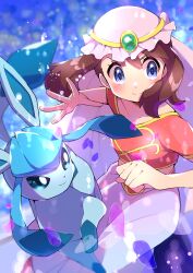 Rule 34 | 1girl, absurdres, blue eyes, blurry, blush, brown hair, clenched hand, closed mouth, collarbone, creatures (company), eyelashes, floating hair, frills, game freak, gen 4 pokemon, glaceon, hands up, highres, looking to the side, may (pokemon), nintendo, petals, pokemon, pokemon (anime), pokemon (creature), pokemon dppt (anime), pon yui, short sleeves, skirt, smile, spread fingers, toes