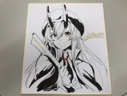 Rule 34 | 1girl, closed mouth, collared shirt, drawn, fate/grand order, fate (series), hat, highres, holding, horns, jacket, jacket on shoulders, long hair, looking at viewer, marker (medium), necktie, photo (medium), red eyes, red necktie, shirabi, shirt, signature, smile, solo, spot color, tomoe gozen (fate), traditional media, upper body, wing collar