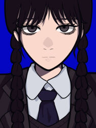 Rule 34 | 1girl, addams family, artist request, black hair, blue background, braid, dress, expressionless, grey eyes, looking at viewer, simple background, solo, standing, twin braids, upper body, wednesday (netflix), wednesday addams