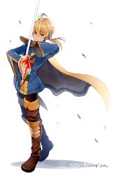 Rule 34 | 1boy, ahoge, blonde hair, brown cape, brown eyes, cape, closed mouth, final fantasy, final fantasy tactics, full body, gloves, holding, holding weapon, leaf, looking at viewer, negi mugiya, ponytail, ramza beoulve, solo, sword, twitter username, weapon, white background, wind