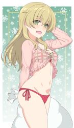 Rule 34 | 1girl, absurdres, ada badguy, blonde hair, blush, breasts, carpaccio (girls und panzer), commentary request, girls und panzer, green eyes, highres, long hair, looking at viewer, navel, open mouth, panties, red panties, side-tie panties, small breasts, smile, snowflake background, solo, underwear