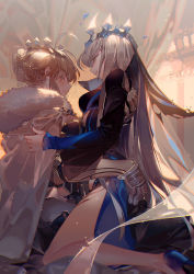 Rule 34 | 2girls, ahoge, artoria pendragon (fate), artoria pendragon (lancer) (fate), blonde hair, braid, breasts, cape, clothed sex, commentary request, crown, fate/apocrypha, fate/grand order, fate (series), from side, gauntlets, green eyes, hair between eyes, implied futanari, incest, kawacy, large breasts, long hair, looking at viewer, morgan le fay (fate), multiple girls, siblings, sidelocks, sisters, sitting, very long hair, wife and wife, yuri
