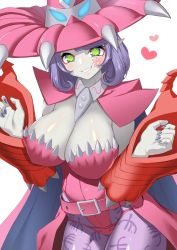 Rule 34 | 1girl, appmon, artist request, bandai, blush, breasts, cleavage, curvy, demon girl, digimon, digimon universe: appli monsters, female focus, hat, highres, huge breasts, leotard, long hair, looking at viewer, monster girl, naughty face, pointy ears, smile, solo, demon girl, symbol-shaped pupils, thighs, thong, warudamon, yellow eyes