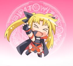 1girl blonde_hair boots buri_hamachi cape chibi cloak fate_testarossa fingerless_gloves gloves long_hair lyrical_nanoha magical_girl parody ribbon skirt slaugher-ownmind smile solo thighhighs twintails very_long_hair