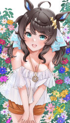 Rule 34 | 1girl, absurdres, ahoge, alternate costume, animal ears, artist name, bare shoulders, blue eyes, blush, breasts, brown hair, casual, cleavage, collarbone, commentary request, daring tact (umamusume), dress, floral background, flower, hair between eyes, hair ornament, highres, horse ears, horse girl, jewelry, looking at viewer, medium breasts, medium hair, miki lutecia, multicolored hair, necklace, off-shoulder dress, off shoulder, open mouth, shorts, simple background, solo, streaked hair, umamusume, white background, white dress, white hair