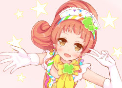 Rule 34 | 1girl, :d, aikatsu!, aikatsu! (series), arm up, blush, brown background, brown eyes, brown hair, dutch angle, elbow gloves, fang, gloves, hairband, kurisu kokone, long hair, looking at viewer, makiaato, open mouth, outstretched arm, ponytail, sidelocks, sleeveless, smile, solo, star (symbol), star print, starry background, v, white gloves