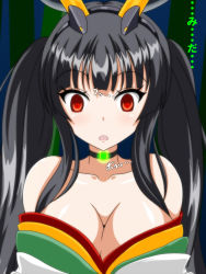 Rule 34 | 1girl, :o, bad id, bad pixiv id, bare shoulders, black hair, breasts, choker, cleavage, empty eyes, hair over breasts, headgear, highres, japanese clothes, kaguya (queen&#039;s blade), large breasts, long hair, mind control, pov, queen&#039;s blade, queen&#039;s blade grimoire, red eyes, suzumori kuroku, translation request, twintails