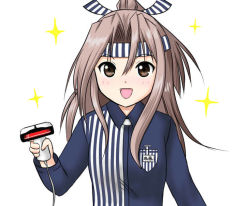 Rule 34 | 1girl, barcode scanner, brown eyes, commentary request, employee uniform, hachimaki, headband, high ponytail, kantai collection, lawson, light brown hair, long hair, looking at viewer, shirt, simple background, smile, solo, sparkle, striped clothes, striped shirt, umide2278, uniform, upper body, white background, zuihou (kancolle)