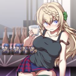 Rule 34 | 1girl, 547th sy, alcohol, black tank top, blonde hair, blush, bottle, bra strap, braid, braided bangs, breasts, brown panties, cup, hair down, hair ribbon, highres, holding, holding cup, kantai collection, large breasts, long hair, nose blush, off shoulder, panties, pantyshot, perth (kancolle), plaid, plaid skirt, purple eyes, ribbon, skirt, smile, solo, tank top, thighhighs, underwear