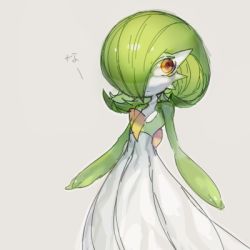 Rule 34 | 1girl, bob cut, closed mouth, colored skin, creatures (company), female focus, flat chest, game freak, gardevoir, gen 3 pokemon, green hair, green skin, grey background, hair over one eye, japanese text, looking to the side, lowres, multicolored skin, nintendo, one eye covered, oyama yoihaya, pokemon, pokemon (creature), red eyes, short hair, simple background, sketch, solo, standing, translated, transparent, two-tone skin, white skin
