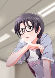 Rule 34 | 1girl, black hair, blurry, blush, commentary request, depth of field, glasses, hige (com), idolmaster, idolmaster million live!, long hair, low twintails, red-framed eyewear, red eyes, solo, takayama sayoko, twintails, wiping sweat