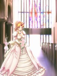 Rule 34 | 1girl, alternate hairstyle, blonde hair, breasts, bride, church, cleavage, dress, elbow gloves, female focus, flower, gloves, highres, horns, hoshiguma yuugi, jewelry, large breasts, necklace, ponytail, puffy short sleeves, puffy sleeves, red eyes, rose, short sleeves, single horn, solo, tdk, touhou, wedding dress, white flower, white rose