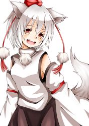 Rule 34 | 1girl, animal ears, blush, breasts, chikuwa savy, detached sleeves, happy, hat, inubashiri momiji, looking at viewer, open mouth, orange eyes, pom pom (clothes), short hair, silver hair, skirt, solo, tail, tokin hat, touhou, wolf ears, wolf tail