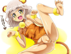 Rule 34 | 1girl, :3, :d, anal, anal object insertion, anal tail, animal ears, animal print, barefoot, blush, breasts, butt plug, cleft of venus, dress, facial mark, fake tail, feet, female focus, grey hair, heart, leg lift, looking at viewer, lying, mole, mole under mouth, nami makoto, neckerchief, nipples, no panties, object insertion, on side, one breast out, open mouth, paw pose, pretty series, pripara, pussy, scrunchie, sex toy, short dress, short hair, small breasts, smile, soles, solo, spread legs, tail, taiyo pepper, text focus, tiger print, toes, translation request, uncensored, yellow eyes