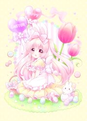 Rule 34 | 1girl, animal ears, back bow, balloon, between legs, blush, bow, breasts, chiika (cure cherish), dress, easter, egg, english text, hair bow, hand between legs, highres, large breasts, looking at viewer, open mouth, original, picnic basket, pink bow, pink eyes, pink hair, puffy short sleeves, puffy sleeves, rabbit, rabbit ears, short sleeves, smile, two side up, yellow background, yellow dress