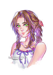 Rule 34 | 1girl, aerith gainsborough, artist name, bare shoulders, braid, braided ponytail, breasts, brown hair, closed mouth, collarbone, commentary, crisis core final fantasy vii, cropped torso, dress, english commentary, final fantasy, final fantasy vii, flower, green eyes, hair ribbon, highres, ilabarattolo, lips, long hair, looking at viewer, parted bangs, pink ribbon, ribbon, sidelocks, small breasts, smile, solo, spaghetti strap, upper body, watermark, white background, white dress