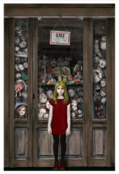 Rule 34 | 1girl, blonde hair, creepy, doll, flat chest, head, highres, looking at viewer, solo, store, tagme, toy, vitrine, window