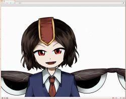 Rule 34 | 1other, blue jacket, brown hair, collared shirt, commentary, eye of senri, hat, headgear, jacket, jynx (style), kokutenshi hibaru, len&#039;en, long sleeves, looking at viewer, lower teeth only, open mouth, other focus, red eyes, red hat, shirt, short hair, smile, solo, straight-on, symbol-only commentary, teeth, upper body, v-neck, waiwa way, white shirt, window (computing), wings