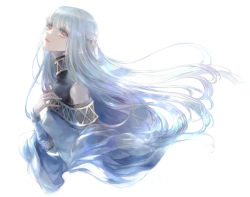Rule 34 | 1girl, cropped torso, detached sleeves, fire emblem, fire emblem: the blazing blade, floating hair, from side, kuzumosu, long hair, long sleeves, ninian (fire emblem), nintendo, parted lips, red eyes, silver hair, simple background, solo, very long hair, white background