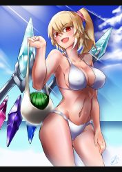 Rule 34 | 1girl, bikini, blue sky, breasts, cloud, covered erect nipples, day, female focus, flandre scarlet, food, fruit, gradient background, highres, large breasts, open mouth, red eyes, ryuuno stadtfeld, scrunchie, side ponytail, sky, smile, solo, swimsuit, touhou, watermelon, white bikini, wings