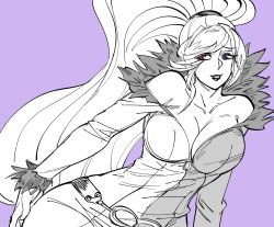 Rule 34 | 1girl, bad id, bb (baalbuddy), belt, breasts, contrapposto, cowboy shot, dress, female focus, greyscale, greyscale with colored background, heterochromia, high ponytail, highres, hilda (under night in-birth), inactive account, large breasts, long hair, long sleeves, looking at viewer, monochrome, multiple monochrome, off-shoulder dress, off shoulder, purple background, purple eyes, red eyes, ringed eyes, simple background, smile, solo, spot color, swept bangs, under night in-birth, very long hair