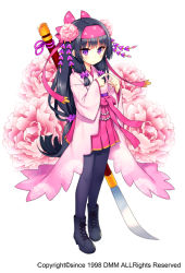 Rule 34 | 1girl, black footwear, black hair, black pantyhose, bow, flower, flower knight girl, full body, hair bow, hairband, japanese clothes, long hair, looking at viewer, low-tied long hair, name connection, object namesake, official art, pantyhose, pink bow, pink skirt, purple eyes, shakuyaku (flower knight girl), shoes, skirt, solo, standing, sugimeno, waist bow, white background